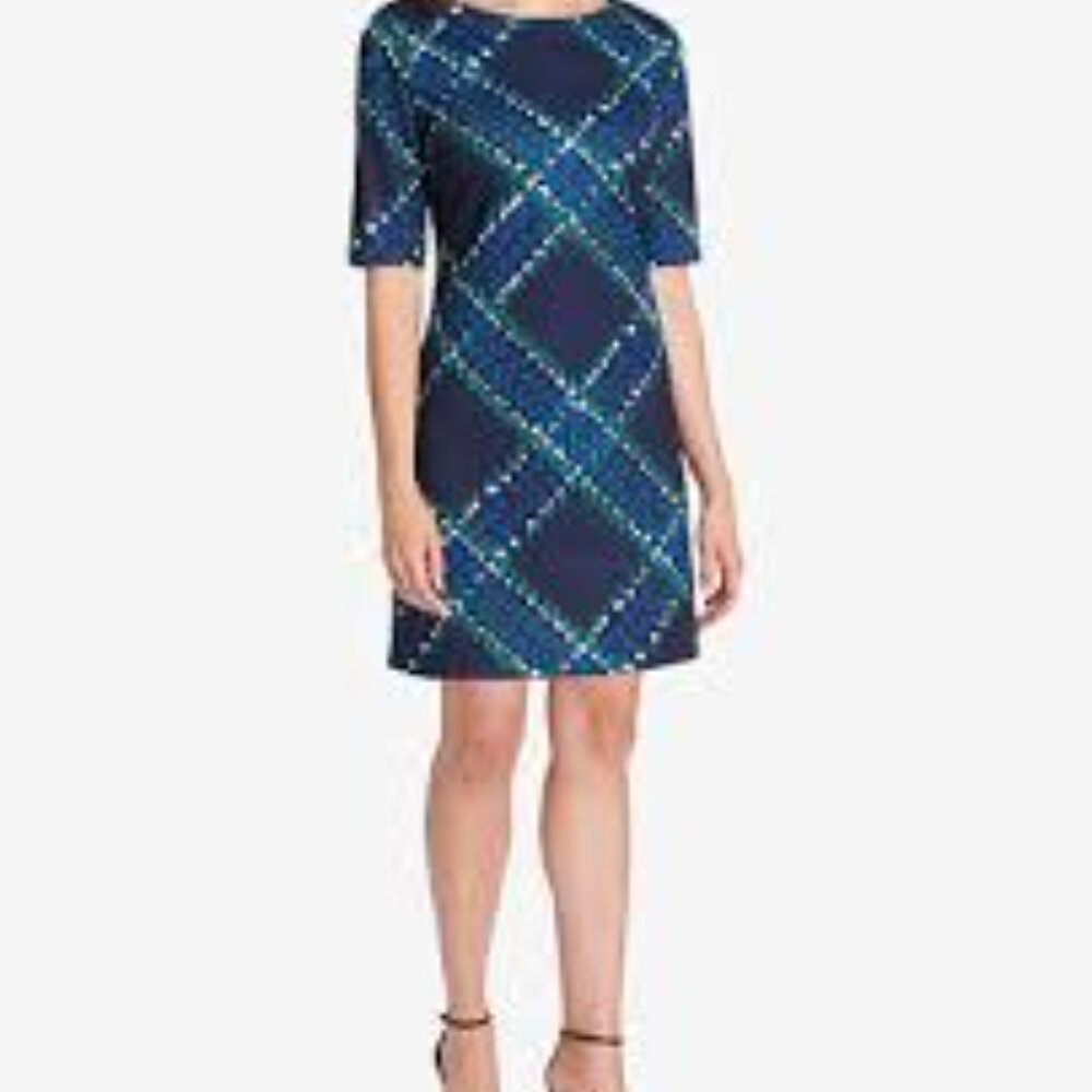 Eliza J Diamond Plaid Half Sleeve Geometric Sheath Dress Blue Green Size 20W
